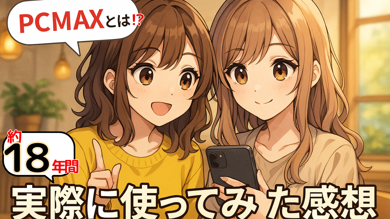 スマホを見ながらPCMAXについて話す2人の若い女性キャラクター。カフェで楽しげに会話している様子。