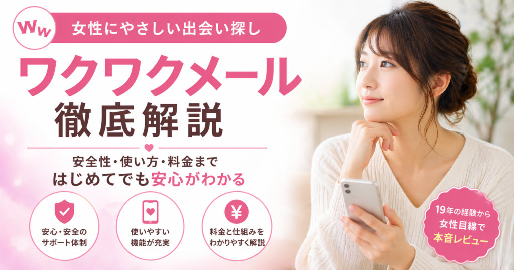 ワクワクメールを女性向けに解説する記事のアイキャッチ。スマホを持つ女性と、男性目線で女性向けレビューのバッジが入った画像