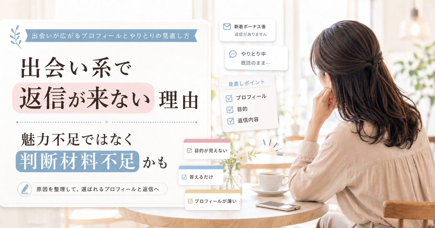 カフェで後ろ向きに座り頭を抱えながら悩む女性と、返信なしやプロフィール改善のカードが配置された、出会い系で返信が来ない理由を解説するブログ用アイキャッチ
