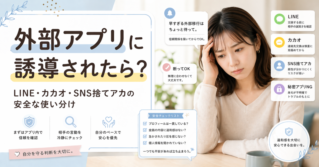 外部アプリに誘導された時の安全な判断方法を解説する、頭を抱えて悩む女性のブログアイキャッチ画像