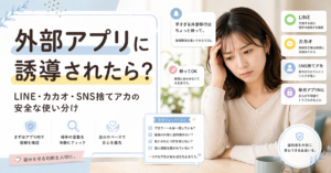 外部アプリに誘導された時の安全な判断方法を解説する、頭を抱えて悩む女性のブログアイキャッチ画像