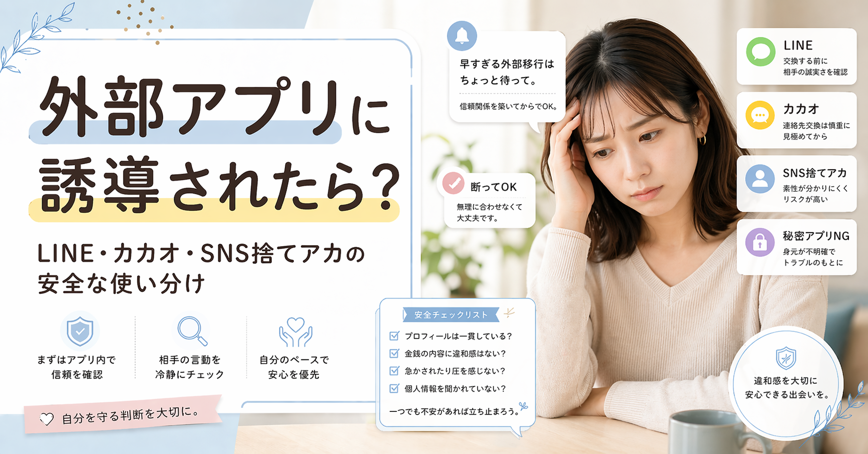 外部アプリに誘導された時の安全な判断方法を解説する、頭を抱えて悩む女性のブログアイキャッチ画像