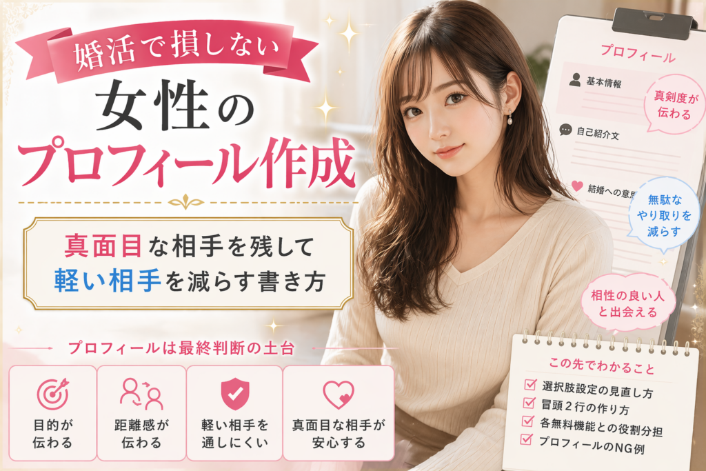 婚活で損しない女性のプロフィール作成を解説するアイキャッチ。プロフィール用紙を持つ女性と、真面目な相手を残して軽い相手を減らす方法の文字。