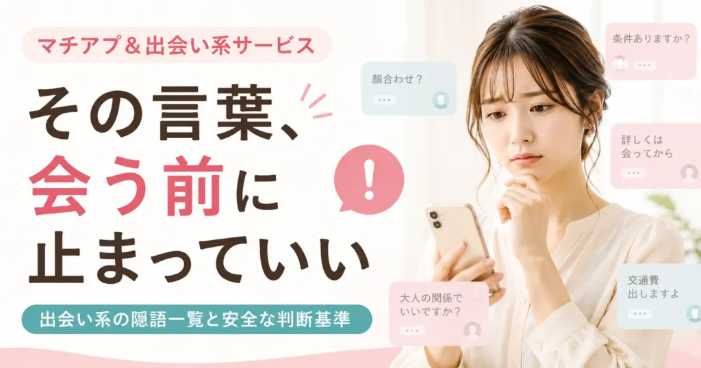 スマホのメッセージを見て意味が分からず悩む日本人女性と、マチアプ＆出会い系サービスの隠語を会う前に判断するためのアイキャッチ画像