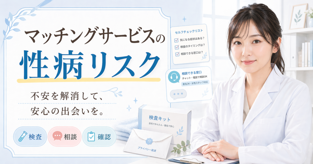 白衣姿の女性がマッチングサービス利用時の性病リスクについて解説するブログ用アイキャッチ