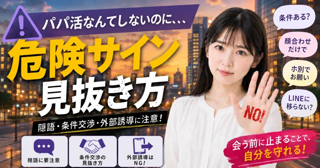 夕焼けの夜景を背景に、危険サインに注意を促す日本人女性と、条件交渉や外部誘導などの注意点を示したアイキャッチ画像