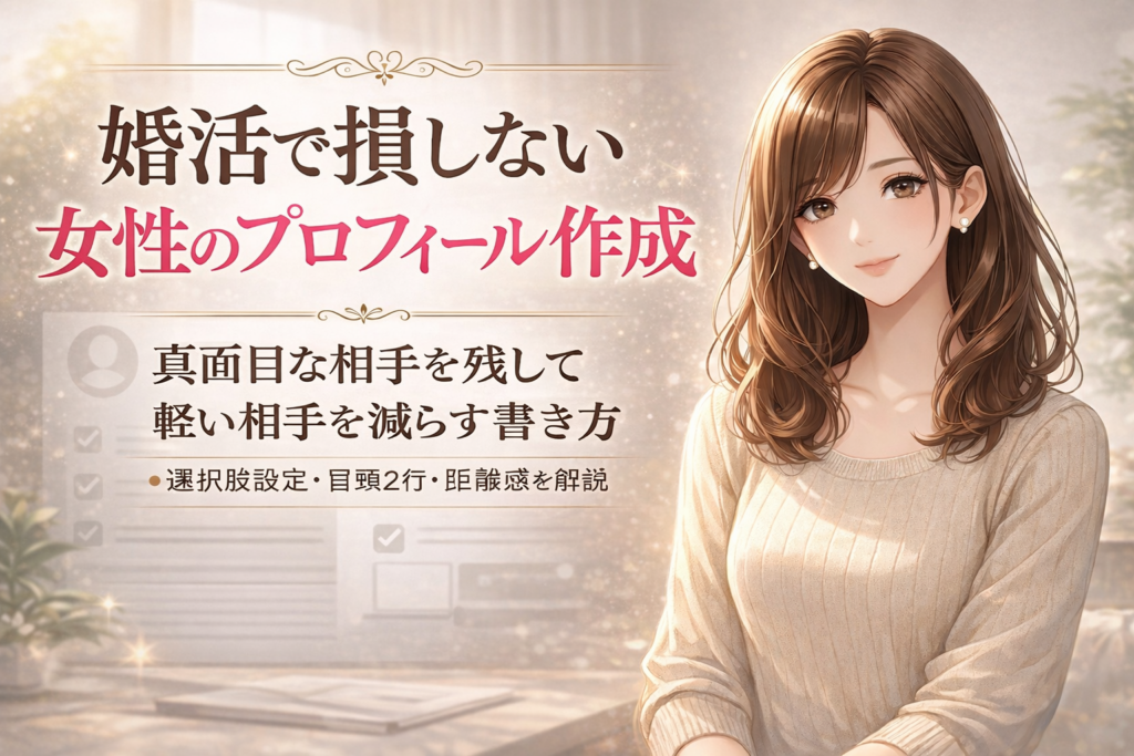 婚活で損しない女性向けプロフィール作成を解説するアイキャッチ画像。真面目な相手を残し、軽い相手を減らす書き方を紹介