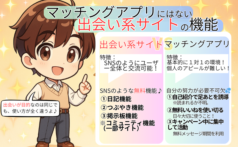 マッチングアプリと出会い系サイトの機能の差を紹介!圧倒的に出会い系サイトが優秀!