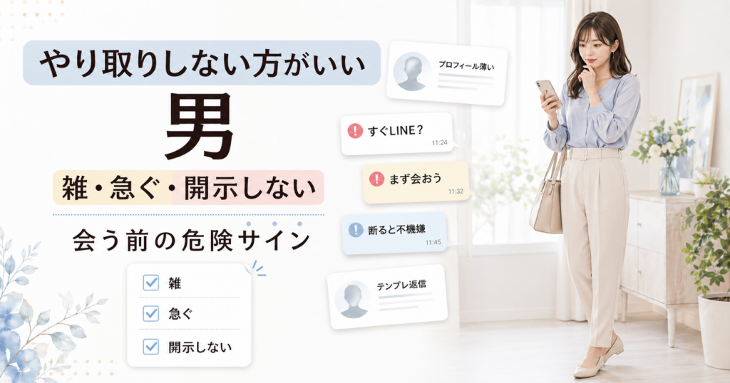 スマホを見ながら危険サインを確認する全身の女性と、雑・急ぐ・開示しないなどの通知カードが配置されたブログ用アイキャッチ画像