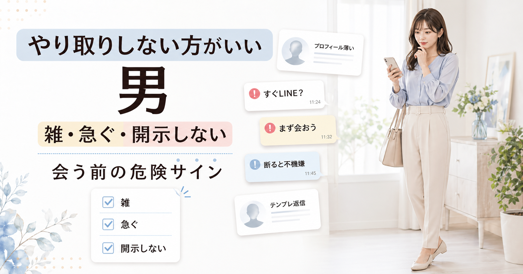 スマホを見ながら危険サインを確認する全身の女性と、雑・急ぐ・開示しないなどの通知カードが配置されたブログ用アイキャッチ画像