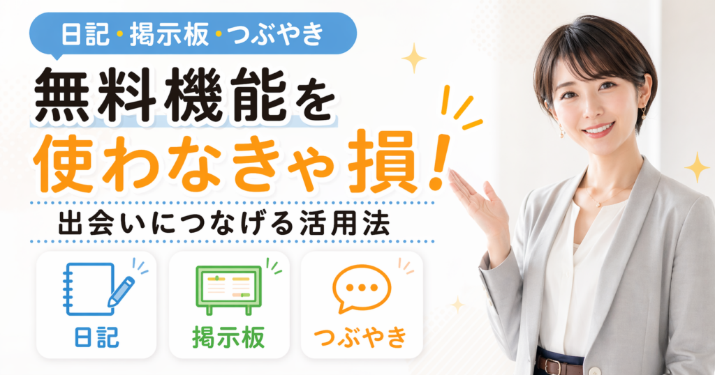 日記・掲示板・つぶやきの無料機能を使い分ける方法を解説するアイキャッチ。ショートカットのOL風女性と、無料機能を使わなきゃ損という見出し入り