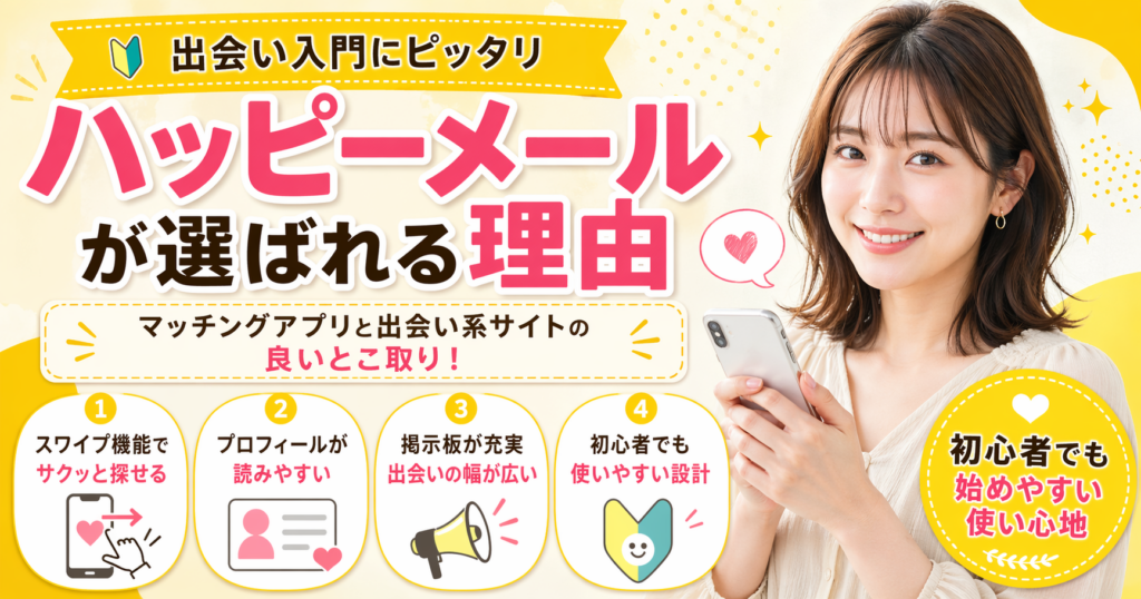 ハッピーメールを女性向けに解説する記事のアイキャッチ。黄色を基調に、スマホを持つ女性と、初心者でも始めやすい使い心地を伝える構成の画像