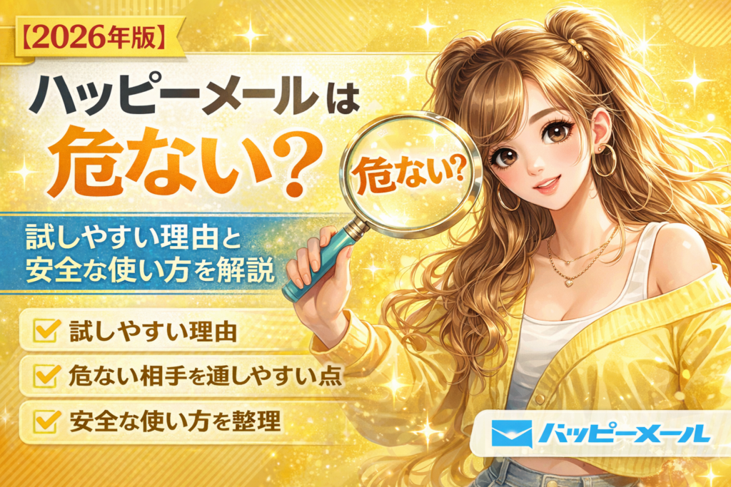 黄色を基調にしたハッピーメールのアイキャッチ画像。試しやすさと安全な使い方を表現した女性イラスト。