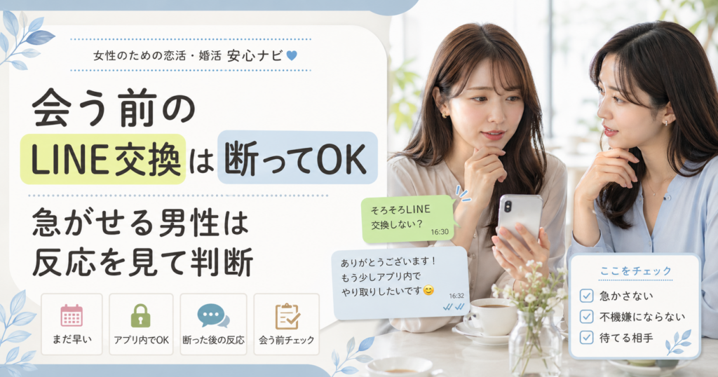 会う前のLINE交換を急がれて相談する女性2人と、断ってOKという判断基準を示したブログ用アイキャッチ画像