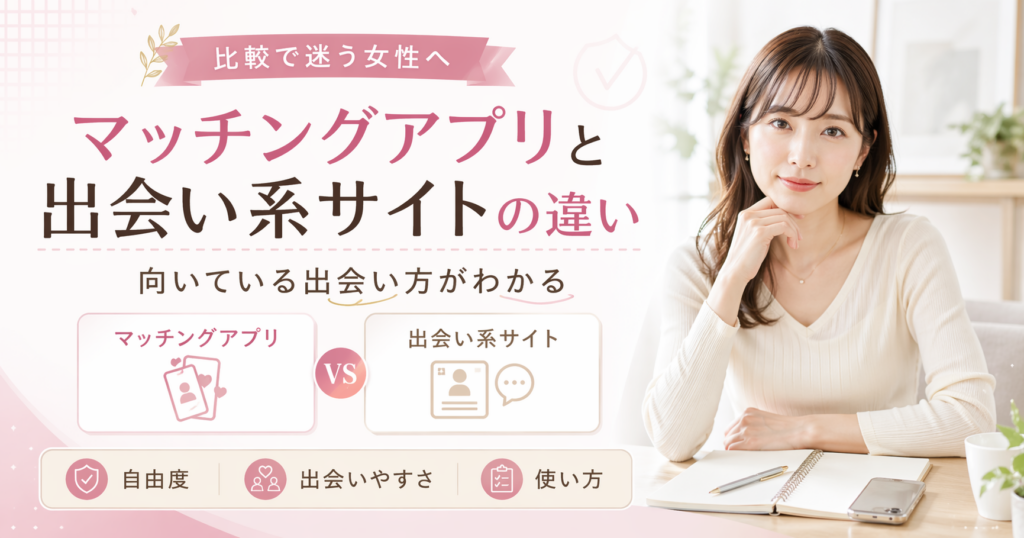 マッチングアプリと出会い系サイトの違いを比較する女性向け記事のアイキャッチ。比較表風の構成と、正面を向く女性が入った画像