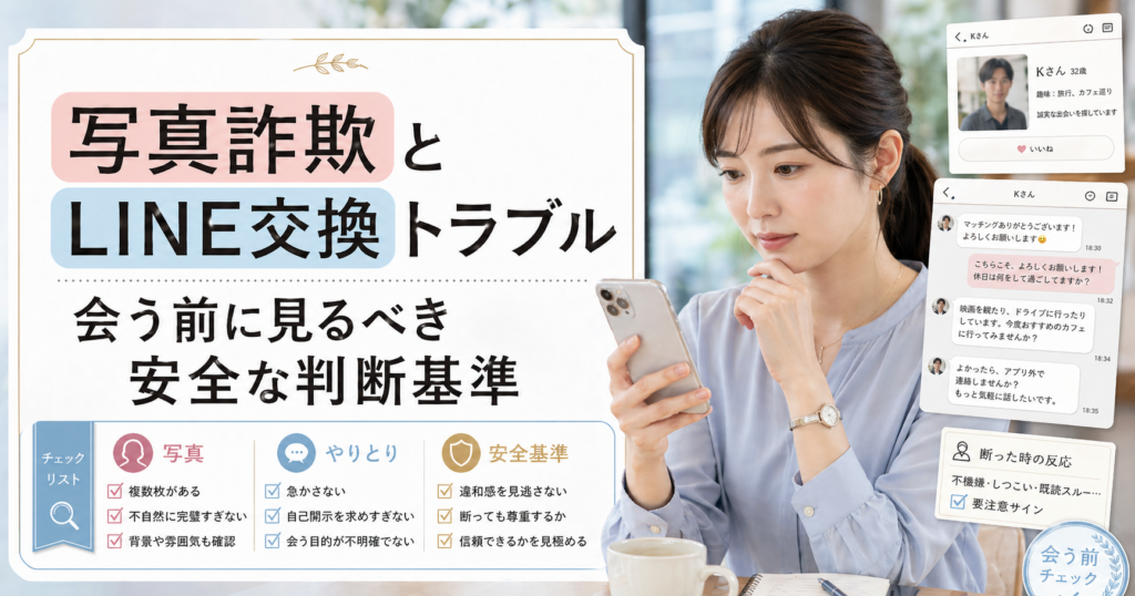 スマホを見ながら写真詐欺とLINE交換トラブルの違和感を確認する女性と、プロフィールカードややり取りカードが配置されたブログ用アイキャッチ
