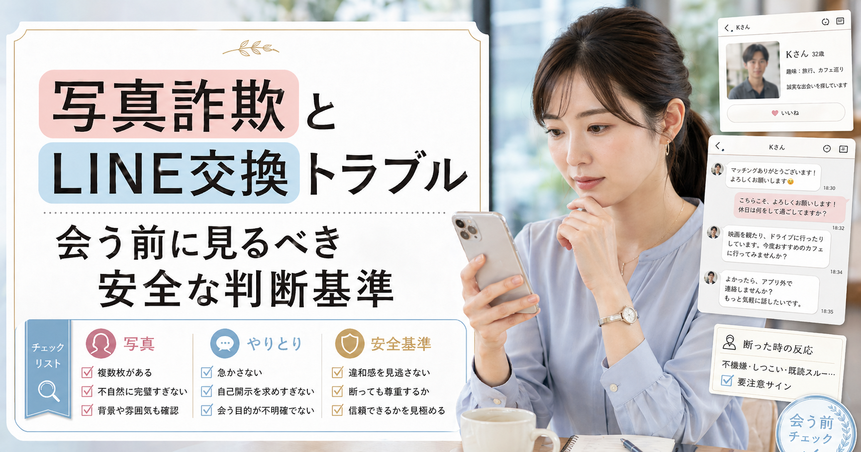 スマホを見ながら写真詐欺とLINE交換トラブルの違和感を確認する女性と、プロフィールカードややり取りカードが配置されたブログ用アイキャッチ