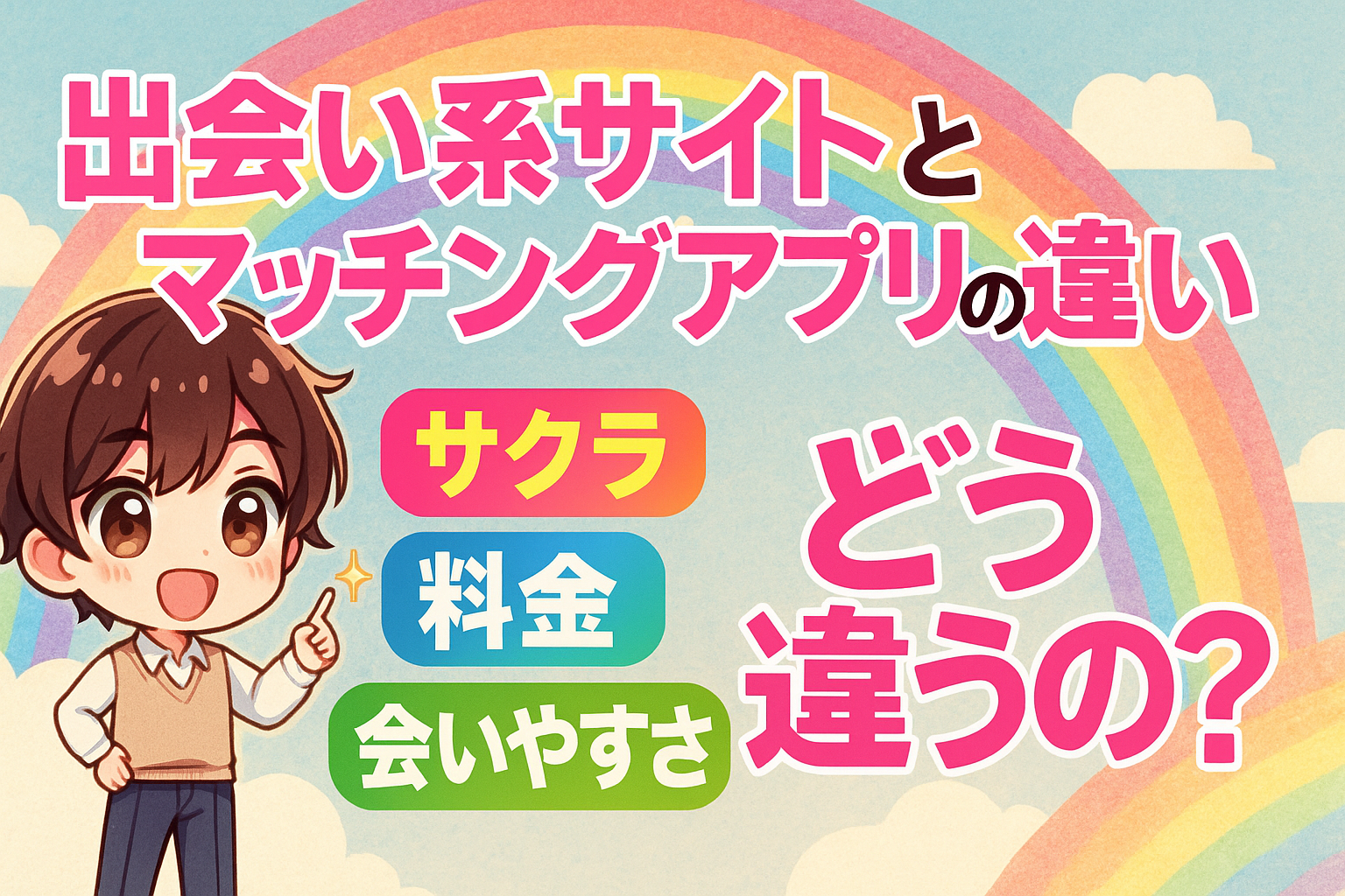 出会い系サイトとマッチングアプリの違いを可愛いキャラクターで比較するイラスト