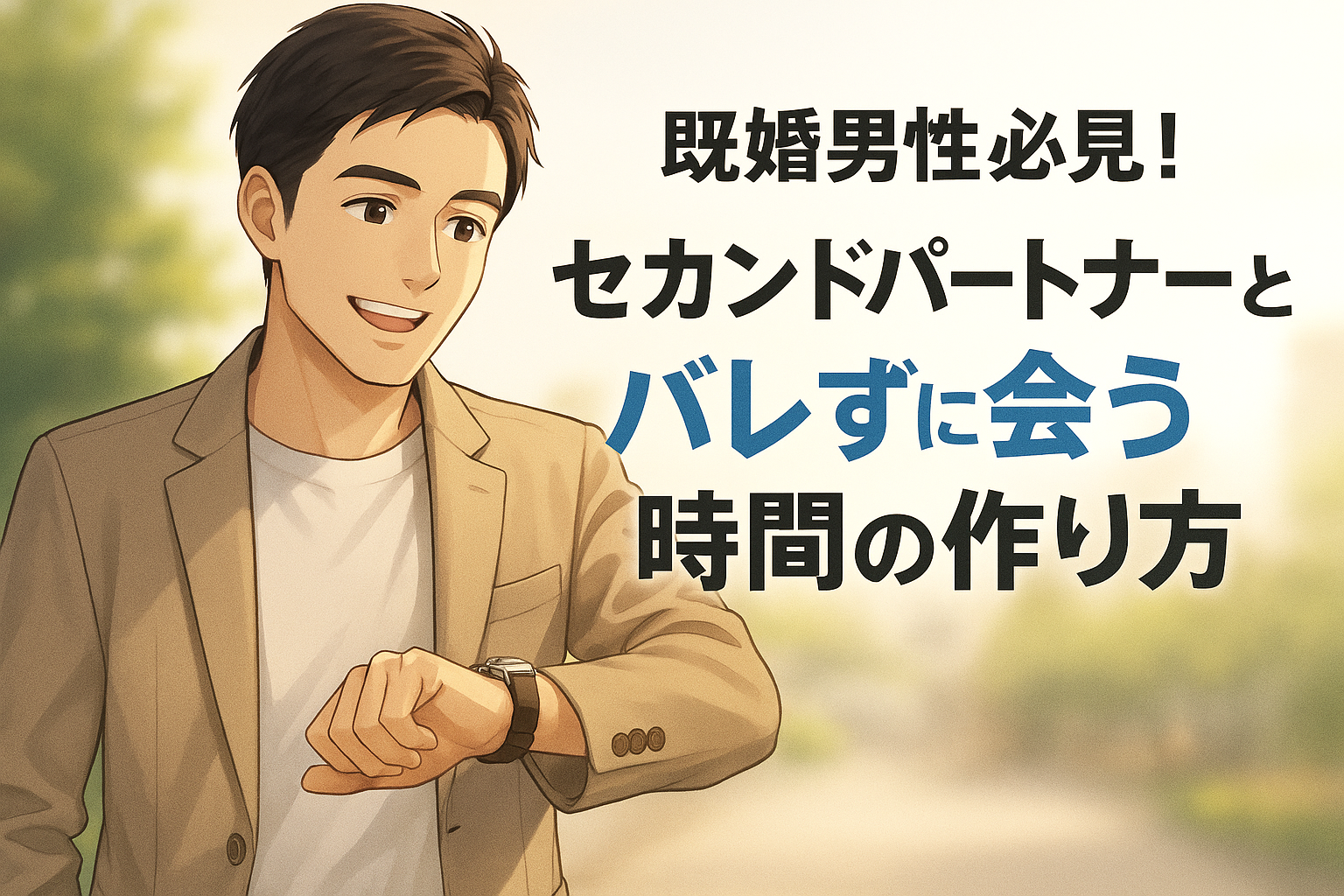 腕時計を見ながら微笑む爽やかな既婚男性のイラスト。清潔感のあるカジュアルスタイルで、明るい照明の中、時間を意識しつつ余裕ある表情を見せる。キャッチコピー「既婚男性必見！バレずにセカンドパートナーと会うための時間作り術」が印象的。