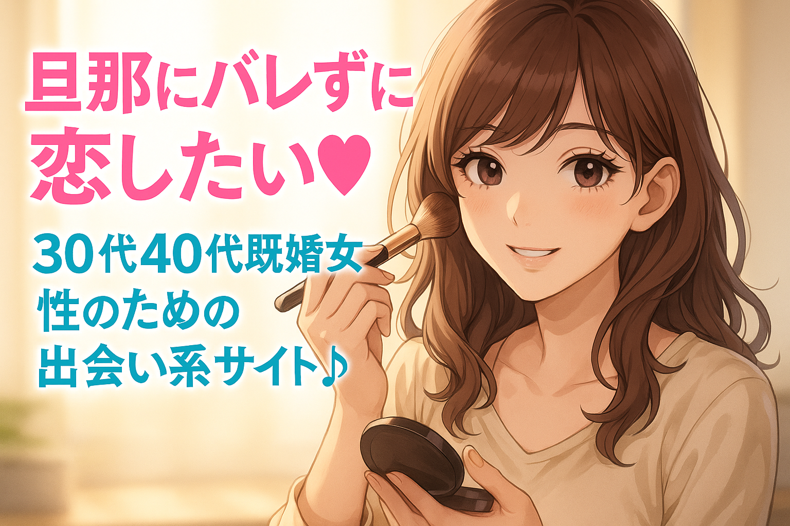 メイク途中に笑顔を見せる40代の美しい女性が描かれたイラスト。「旦那にバレずに恋したい♡ 30代40代既婚女性のための出会い系サイト♪」というキャッチフレーズ入り。