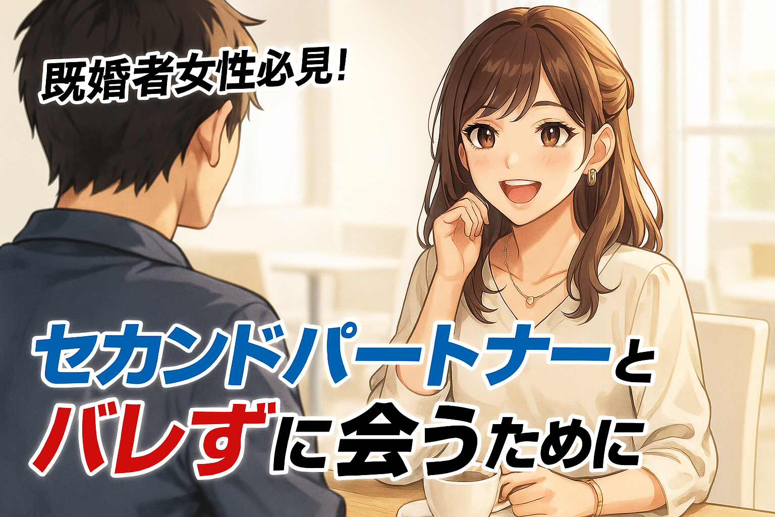 個室カフェでセカンドパートナーと会話を楽しむオシャレな既婚女性のイラスト。白を基調とした明るい店内で、男性越しに笑顔で話しかける姿が描かれた爽やかなシーン。