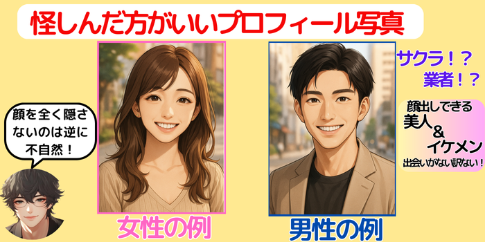 出会い系サイトで注意が必要な、整いすぎた男女のリアル風キャラクターのイラスト
