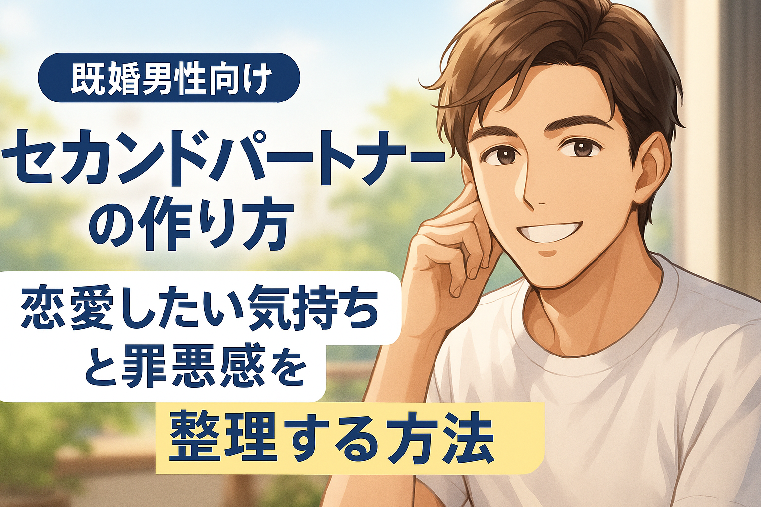 カフェの個室で、既婚男性が優しい笑顔で一人静かに過ごしているイラスト。夏らしい明るいカラーを基調に、清潔感と安心感を表現。キャッチコピー「既婚男性必見！心の居場所（セカンドパートナー）を見つける方法」が目を引くデザイン。男性一人が描かれ、心の余裕と落ち着きを感じさせる。