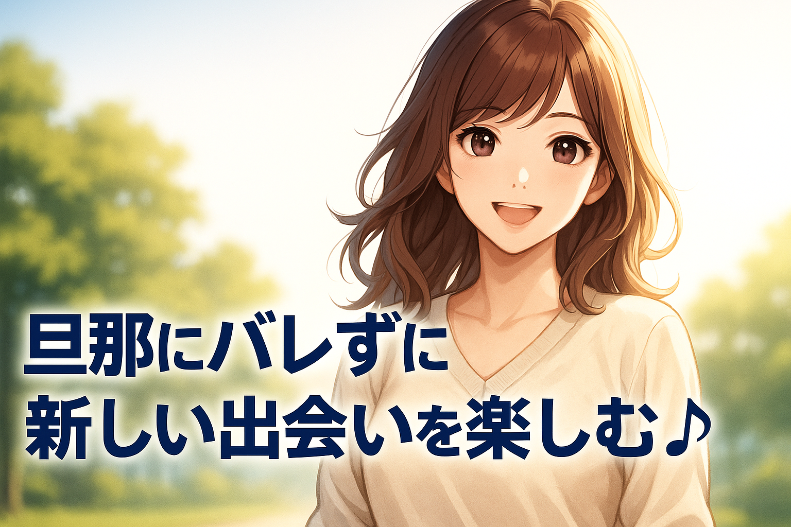40代の美しい女性が朝の光を浴びながら笑顔で微笑むイラスト。「旦那にバレずに新しい出会いを楽しむ♪」というキャッチフレーズが添えられた、爽やかで前向きなイメージ。