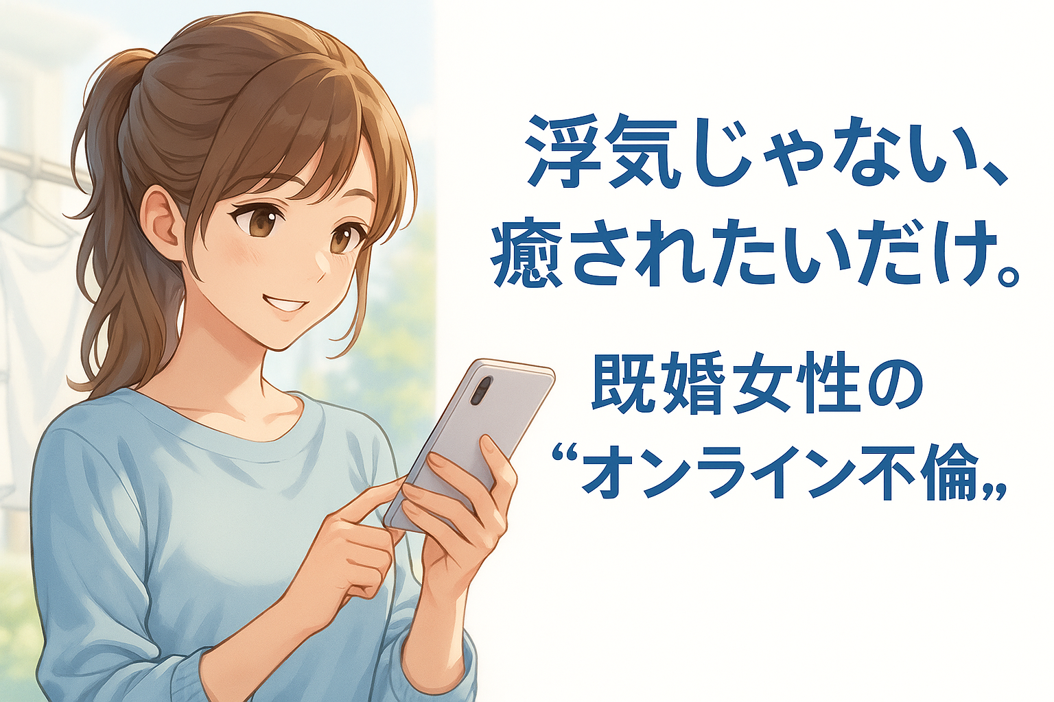 洗濯物を背景に、明るい光に包まれた40代の美しい女性が微笑むイラスト。家事を終えた後、爽やかに自分の時間を楽しむ主婦を描いた、ポジティブなイメージ。