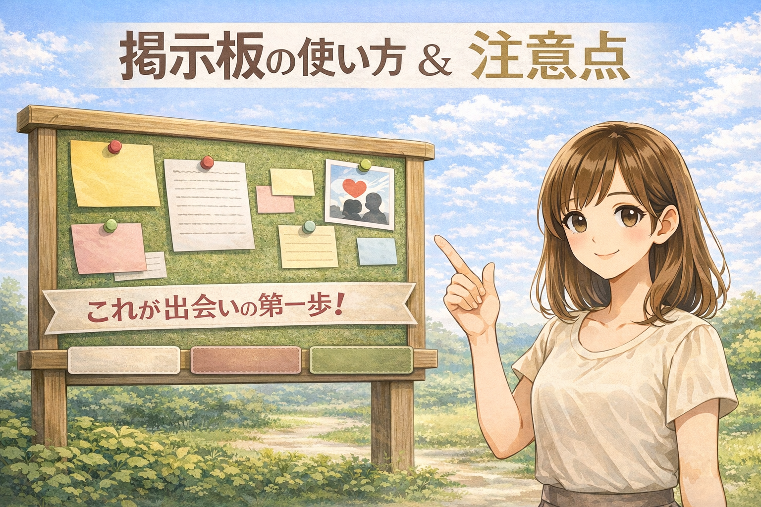 出会い系サイトの掲示板機能を解説するアイキャッチ画像。掲示板の使い方、投稿例、NG例を説明する明るいデザイン