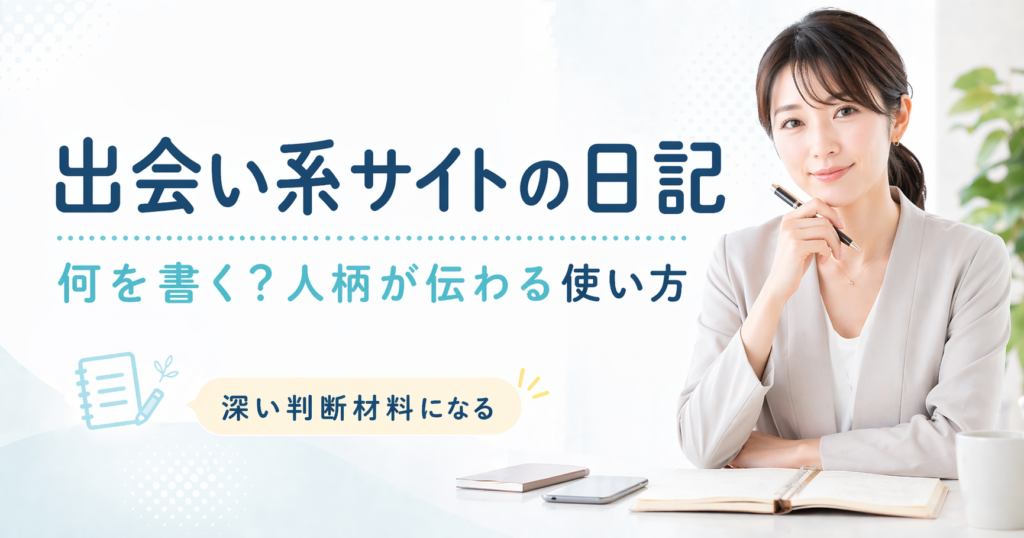 出会い系サイトの日記機能の使い方を解説する記事のアイキャッチ。ポニーテールの女性がノートとペンを持ち、「出会い系サイトの日記」「何を書く？人柄が伝わる使い方」と表示された画像