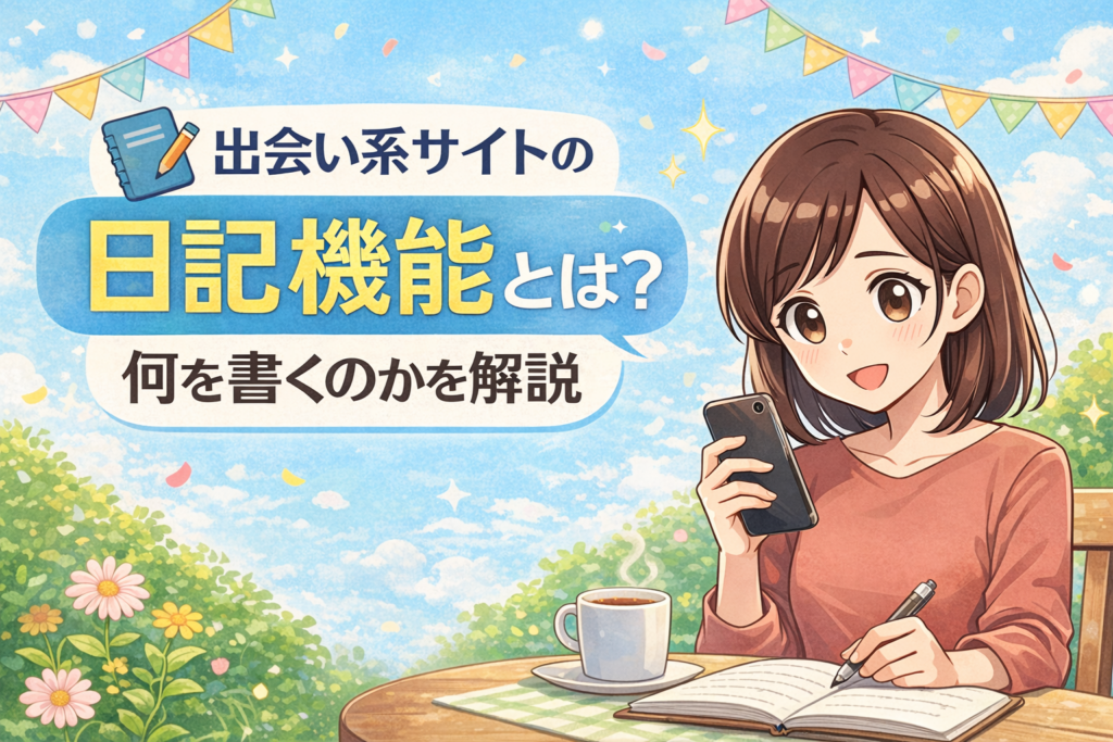 出会い系サイトの日記機能の使い方を解説する、明るい雰囲気のアイキャッチ画像。