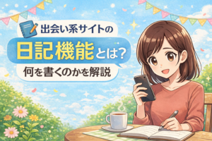 出会い系サイトの日記機能の使い方を解説する、明るい雰囲気のアイキャッチ画像。