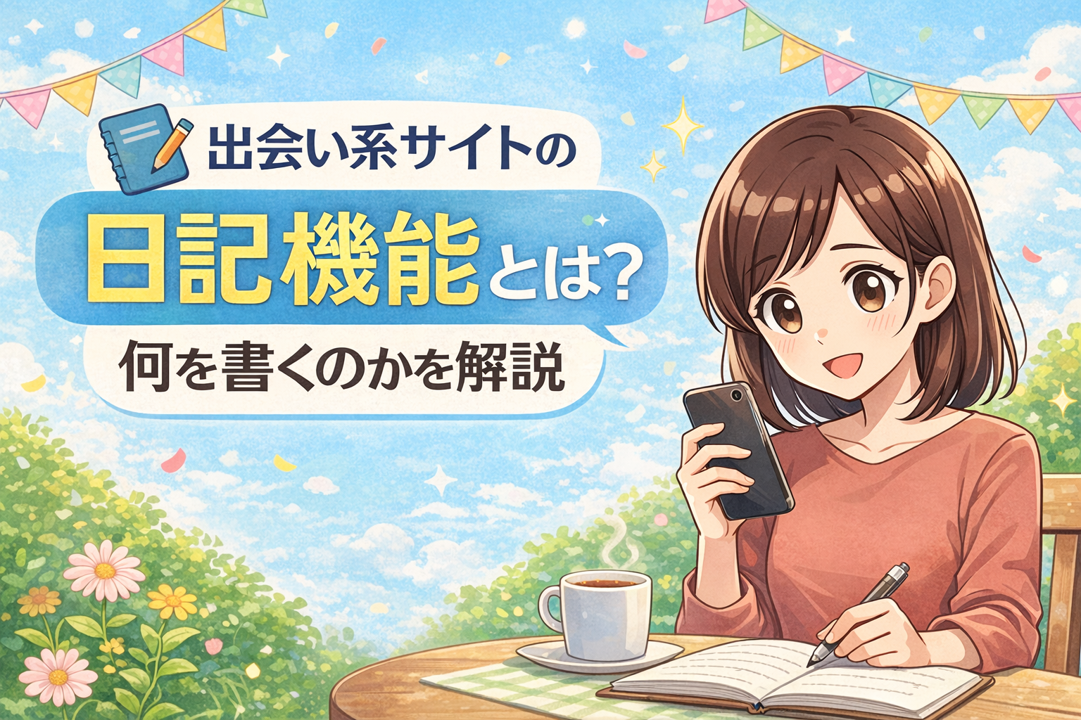 出会い系サイトの日記機能の使い方を解説する、明るい雰囲気のアイキャッチ画像。