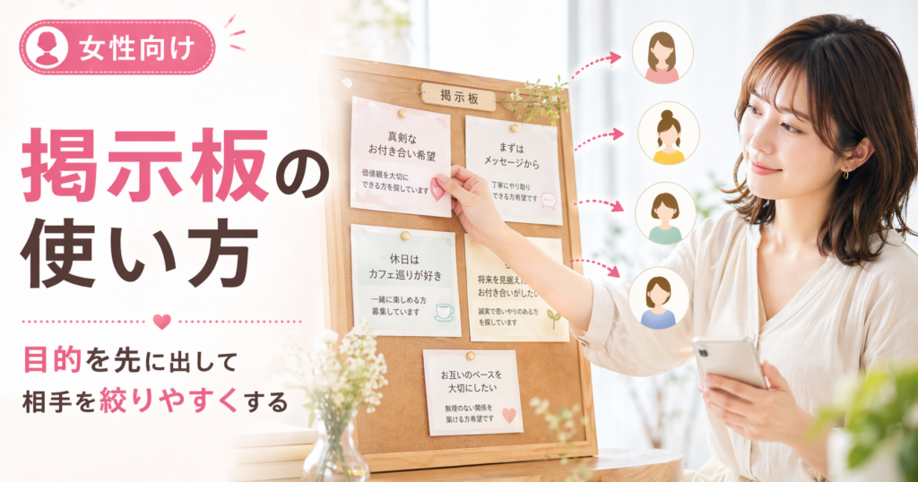 出会い系サイトの掲示板の使い方を解説するアイキャッチ。掲示板に投稿内容を貼りながらスマホを見る女性と、「掲示板の使い方」「目的を先に出して相手を絞りやすくする」の文字が入った画像