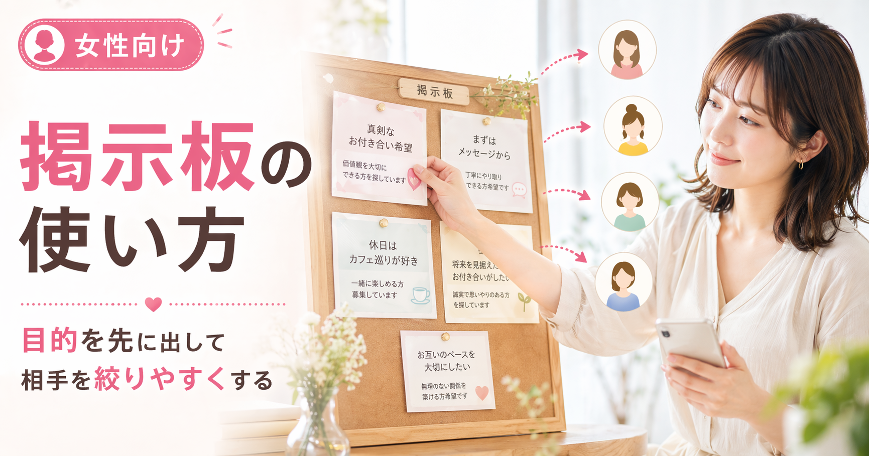 出会い系サイトの掲示板の使い方を解説するアイキャッチ。掲示板に投稿内容を貼りながらスマホを見る女性と、「掲示板の使い方」「目的を先に出して相手を絞りやすくする」の文字が入った画像