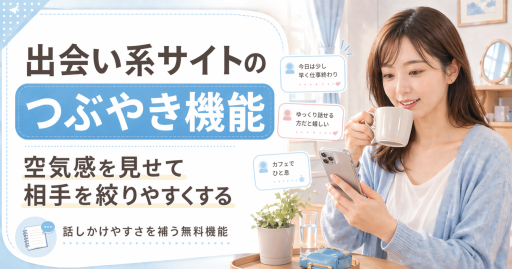 部屋でマグカップを口元に近づけながらスマホを見る女性のイラスト。出会い系サイトのつぶやき機能をやわらかく表現したブログ用アイキャッチ