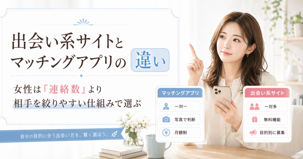 スマホを持ち、右手の人差し指で上を指さしながら比較する女性と、マッチングアプリ・出会い系サイトの比較カードを配置したアイキャッチ画像