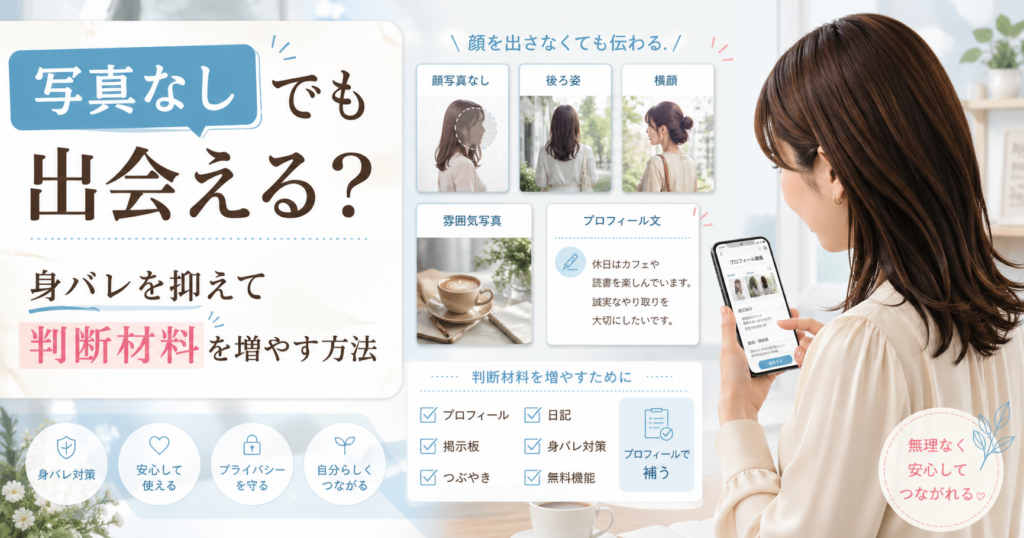 横顔の女性がスマホでプロフィールを整えながら、顔写真なし・後ろ姿・横顔・雰囲気写真・プロフィール文のカードを確認しているブログ用アイキャッチ画像