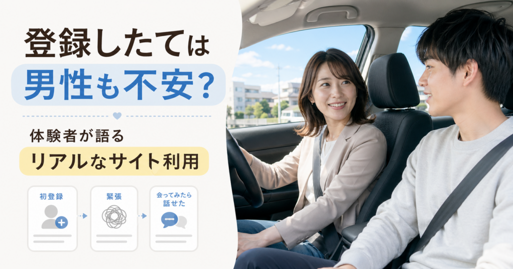 昼の明るい車内で、スーツ姿の女性が運転し、若い男性と自然に会話しているPCMAX体験談のブログ用アイキャッチ画像
