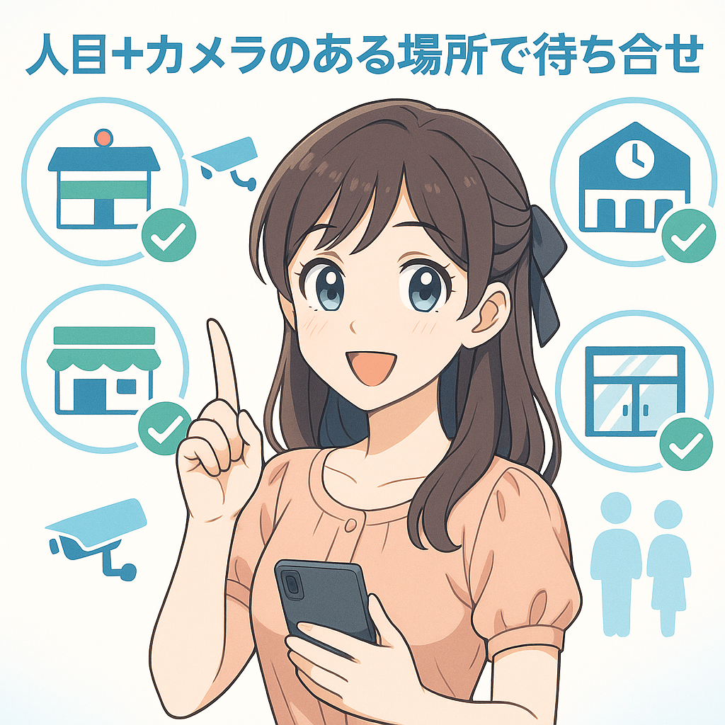 人目とカメラのある待ち合わせ場所を案内する女性イラスト