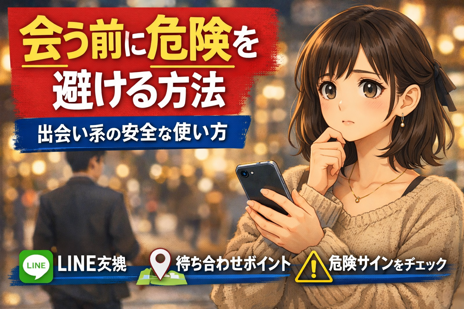スマホを見ながら不安そうに考える女性のイラスト。会う前に危険を避ける方法、出会い系の安全な使い方、LINE交換、待ち合わせポイント、危険サインをテーマにしたアイキャッチ画像
