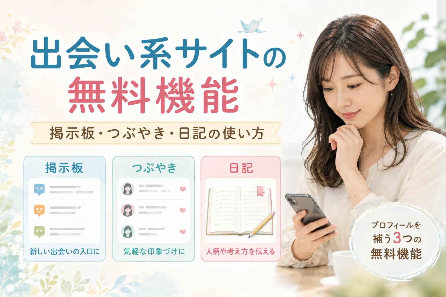 スマホを見るリアルな日本人女性と、出会い系サイトの無料機能である掲示板・つぶやき・日記の使い方を説明するアイキャッチ画像