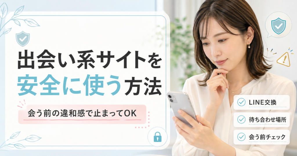 スマホを見ながらLINE交換や待ち合わせ場所を確認する女性と、出会い系サイトを安全に使う方法のアイキャッチ