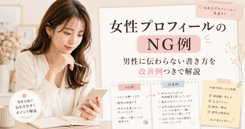 女性プロフィールのNG例を解説するアイキャッチ。スマホでプロフィール文を見直す女性と、NG例・改善例・判断材料を示したチェックリスト風パネルが配置された画像