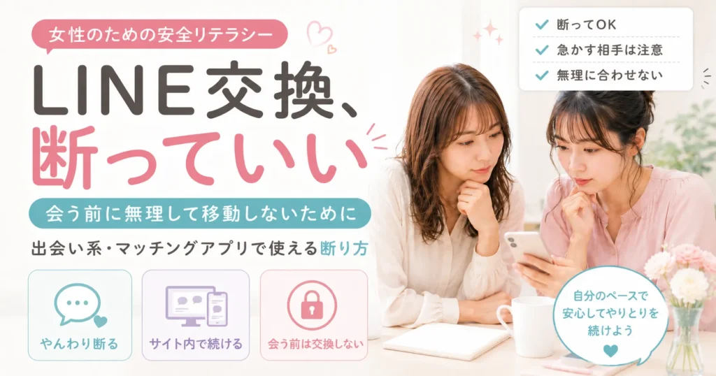 スマホを見ながらLINE交換の断り方を相談している日本人女性2人と、会う前に無理して移動しないための安全リテラシーを伝えるアイキャッチ画像