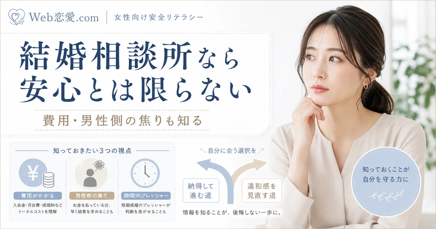 結婚相談所なら安心とは限らないというテーマで、費用や男性側の焦りも知ったうえで出会い方を考える女性のアイキャッチ画像