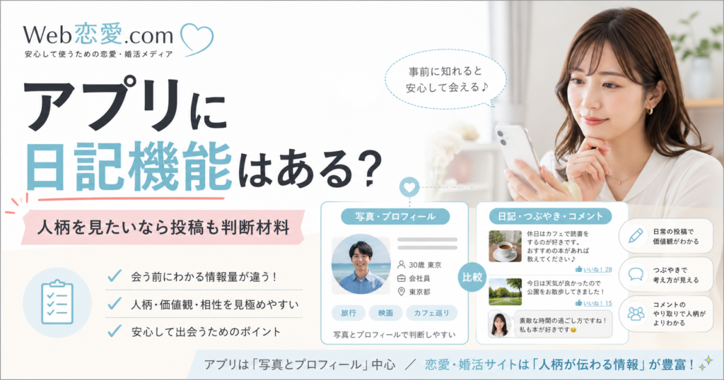 スマホを見る女性が、マッチングアプリの写真・プロフィールと出会い系サイトの日記・つぶやき・コメントを比較しているブログ用アイキャッチ