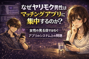 スマホを見る軽い男性と、不安そうにスマホを見る女性を対比したアイキャッチ画像。なぜヤリモク男性はマッチングアプリに集中するのか、女性の見る目ではなくアプリのシステム上の問題をテーマにしている。
