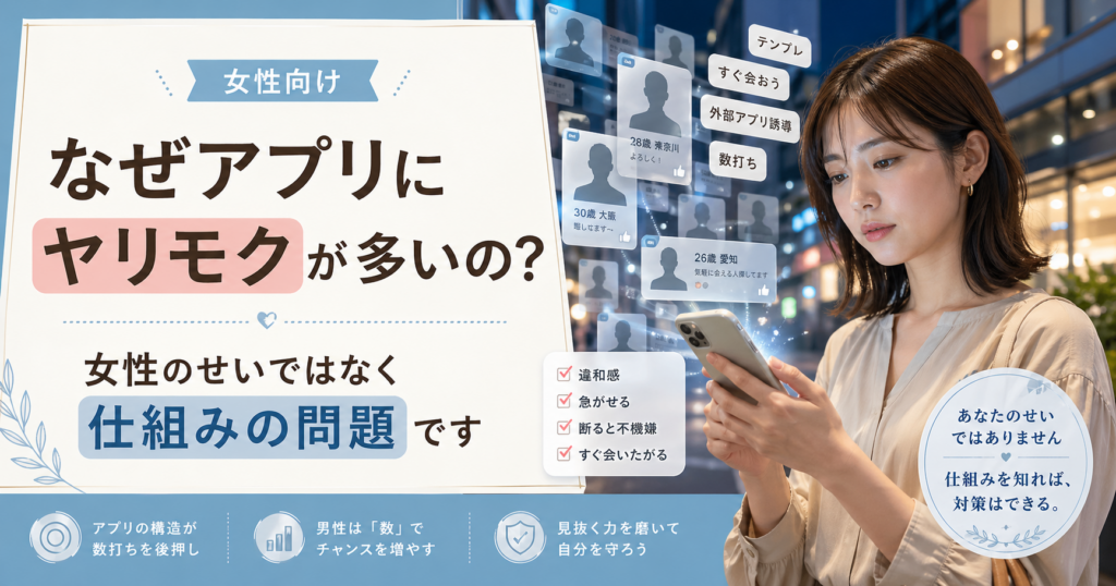 夜の街を背景にスマホを見る少し疲れた日本人女性と、周囲に流れる男性プロフィールカードが描かれた、マッチングアプリの仕組みの問題を表すブログ用アイキャッチ
